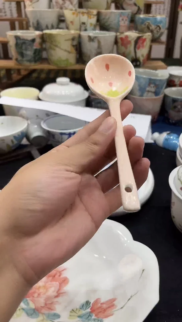 瓷片景德镇手工手绘高温釉下高白泥陶瓷勺子粉釉