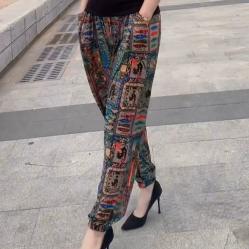 2025夏季新款薄款透气百搭长裤女装时尚复古花色休闲裤