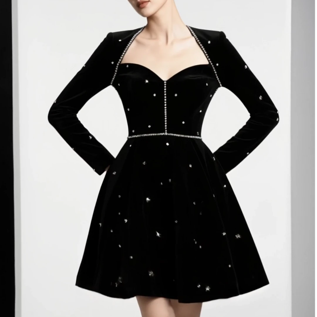 【NaiAn高定小众 】定制/重工丝绒方领时尚气质名媛A摆宴会连衣裙