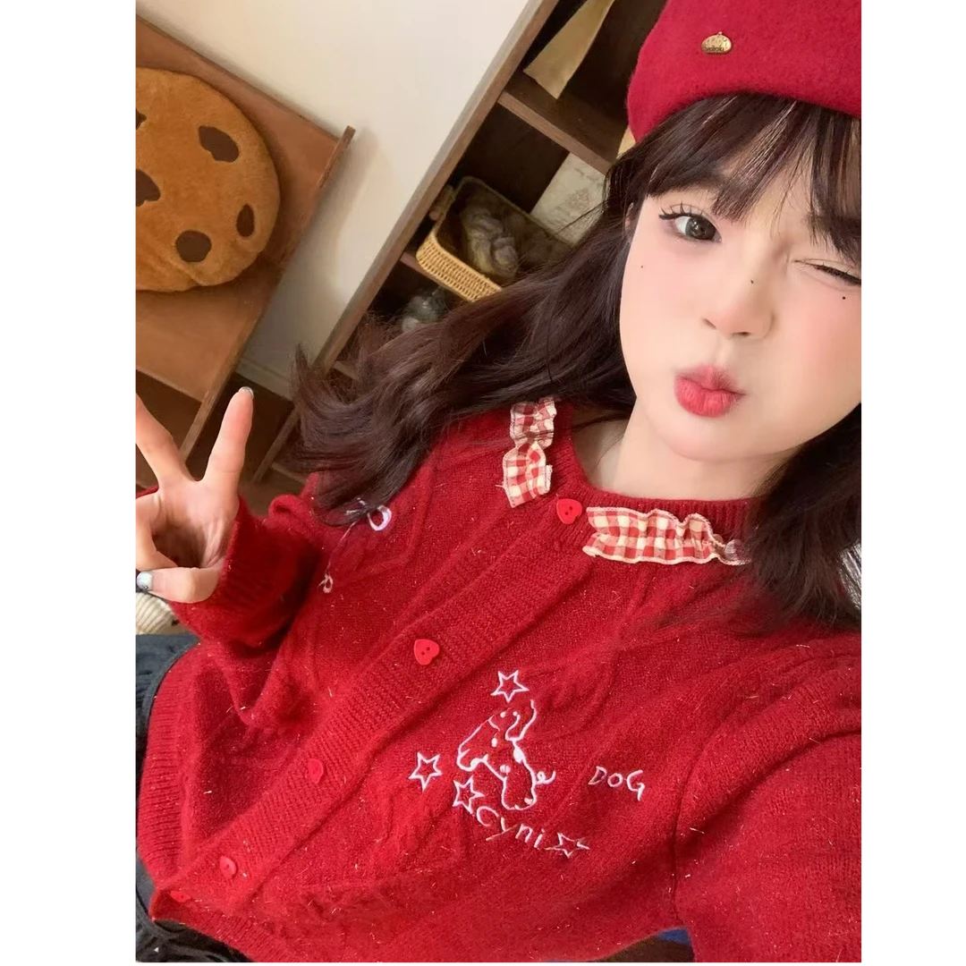 PUFFANG甜美风重工刺绣长袖针织开衫女秋冬复古减龄红色毛衣外套