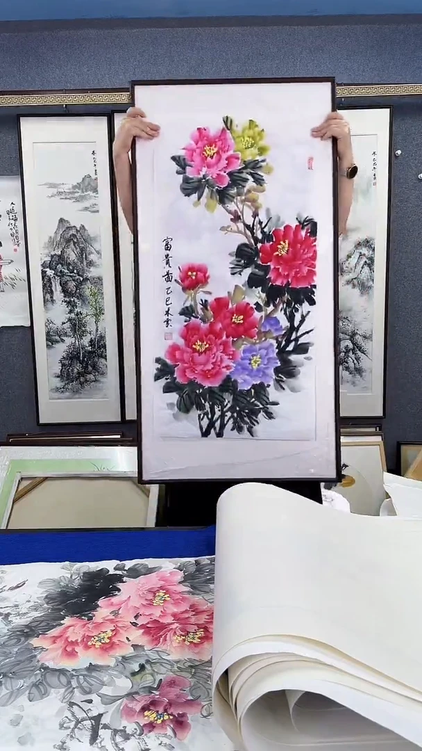 国画实木装裱 62*122 牡丹
