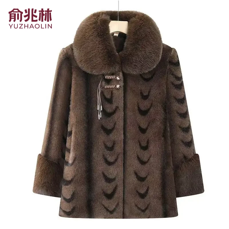 中老年加棉加厚妈妈奶奶仿水貂绒607080大毛领冬季时尚中长款外套