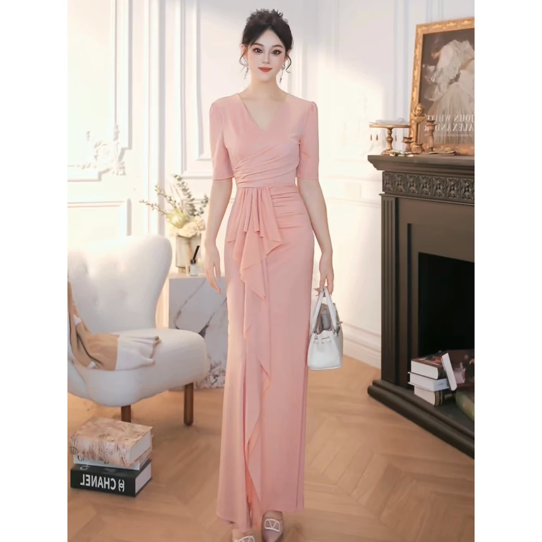 ZHAOMU 纯色气质显瘦包臀长款v领女人味连衣裙