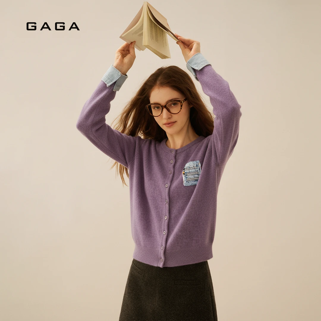 GAGA新款绵羊毛撞色圆领紫色针织衫女设计感气质上衣D61B55678