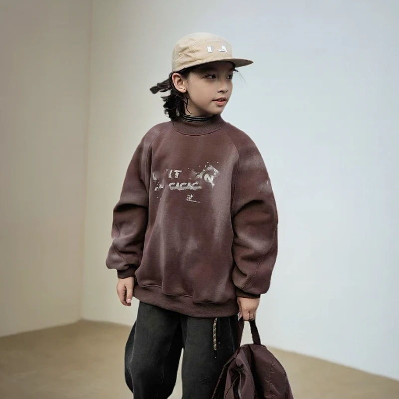 中大童潮童2024冬季新款牛76015休闲时尚宽松百搭韩版加绒卫衣