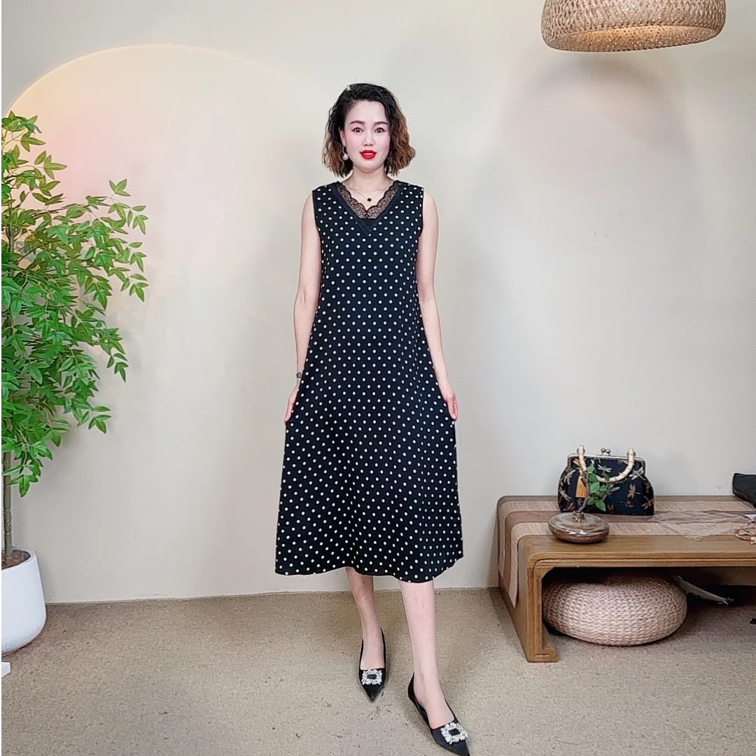 2025-5春夏款【波点V领】显瘦时尚中长款大码宽松无袖气质连衣裙