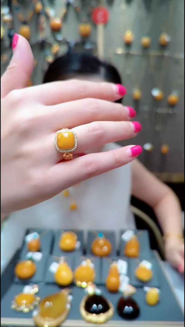 蜜蜡银S925镀金镶嵌戒指﹣B169蜜蜡戒指