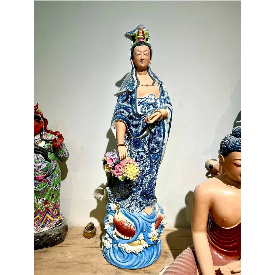 青花款提篮观音景德镇雕塑瓷宝相庄严南海观世音菩萨家用收藏摆件