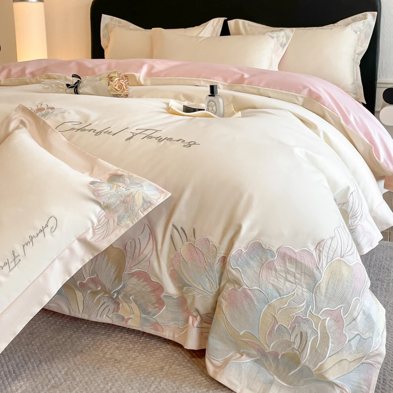 富安娜床品新款A类200支长绒棉刺绣四件套纯棉全棉裸睡床上用品