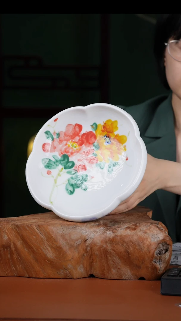 摆件釉中彩餐具高足果盘直径21.5高11.5