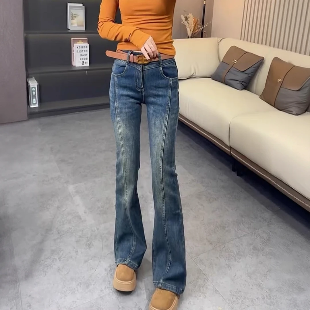 秋冬季新款加绒保暖弹力微喇牛仔裤女大码胖mm高腰修身显瘦马蹄裤