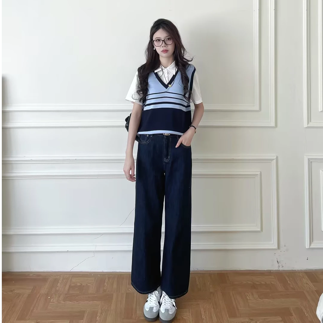 张汽水春夏季新款蓝色条纹恤女设计感短款上衣