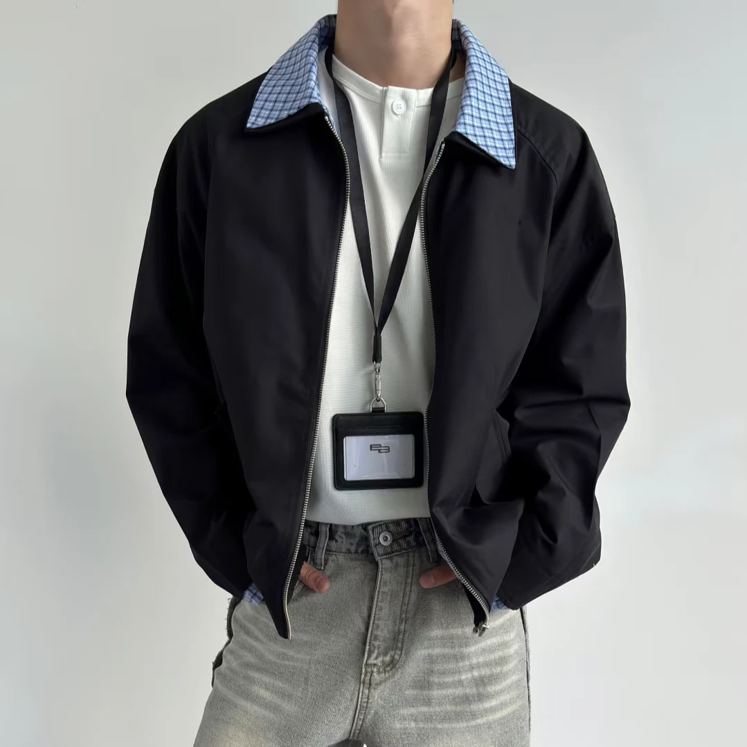 秋季新款撞色拼接格子假两件夹克外套男女翻领情侣美式复古上衣男