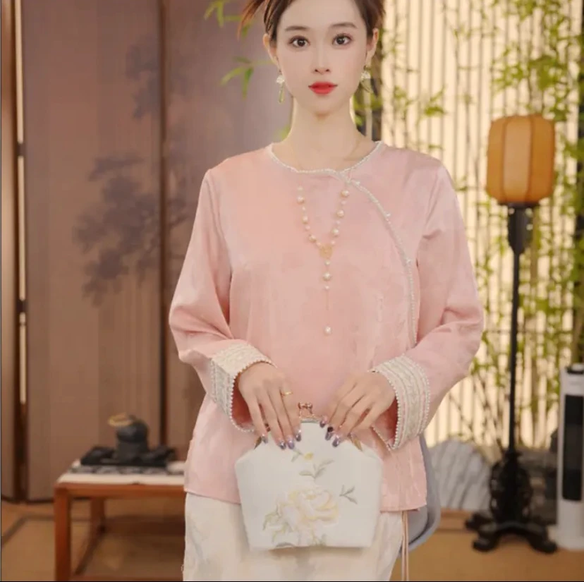【语花】新中式国风2024 纯色长袖衬衫法式泡泡袖 z003