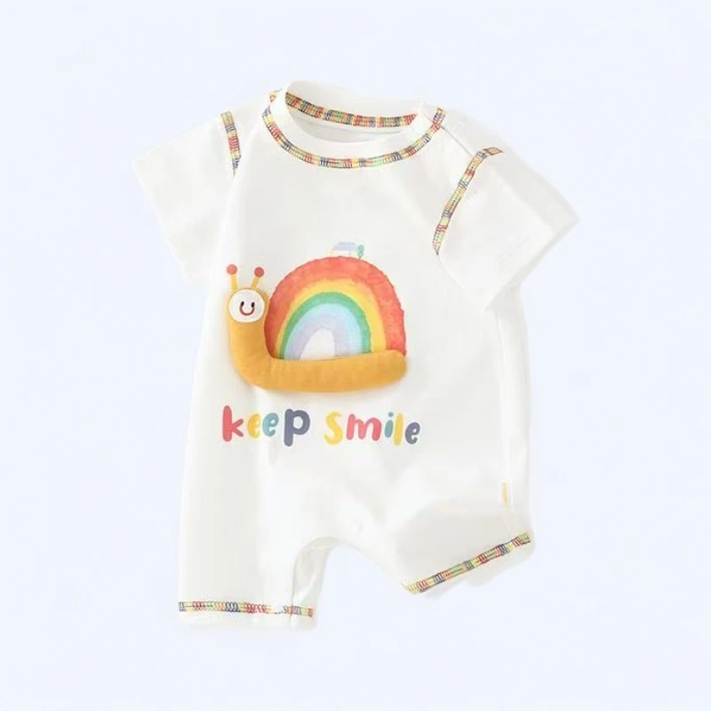 新款七彩蜗行连体哈衣婴幼儿薄款短袖洋气套头柔软舒适连体衣哈衣