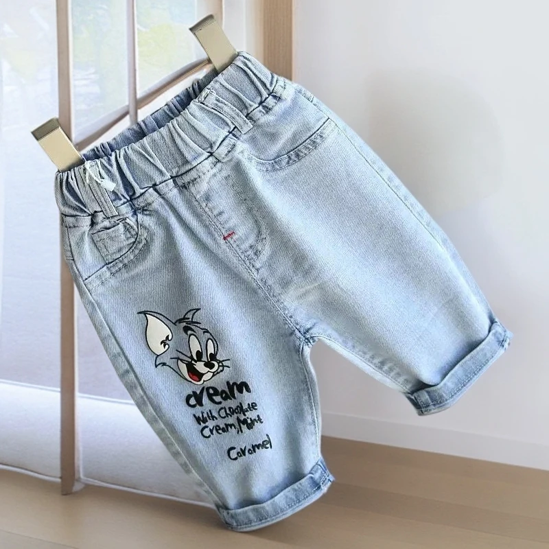 宝宝夏季裤子牛仔裤秋季中裤牛仔裤五分裤中腰男裤子宽松儿童夏季