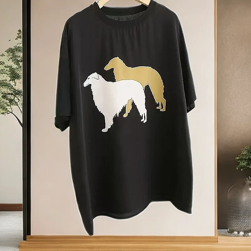 8545亲肤透气桑蚕丝宽松大码超舒适印花圆领短袖T恤