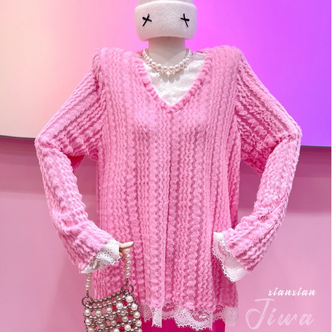 【纯熙+】29885早春新款蕾丝V领毛绒小衫女韩版宽松百搭上衣