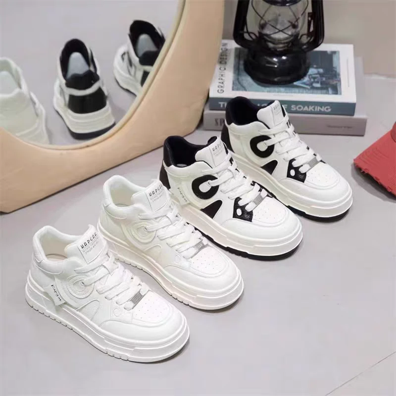 2025百搭系带潮流高帮鞋韩版通用圆头胶粘纯色常规运动休闲秋季