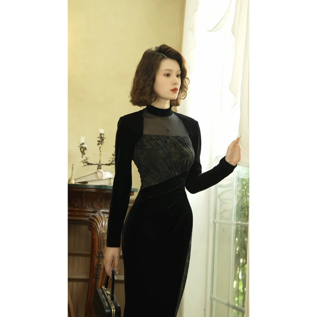 彩彩家【日落青山】冬季气质日常高级双拼优雅收腰修身女装连衣裙