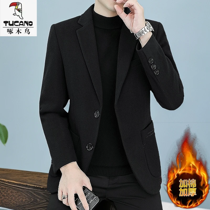 啄木鸟加棉休闲西服外套男秋冬季新款加棉加厚创驳领商务百搭西装