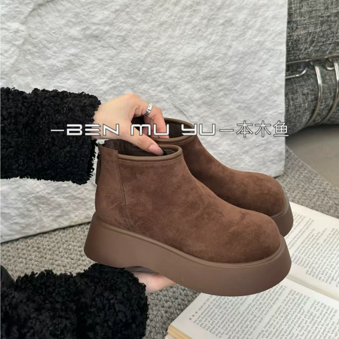 【本木鱼-6707】爆款时尚加绒厚底圆头舒适百搭短筒博肯鞋