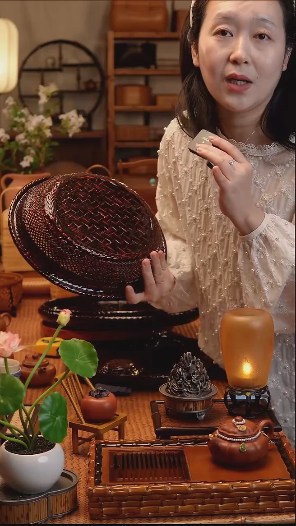 果子篮椭圆蓝胎漆器家用手工竹编