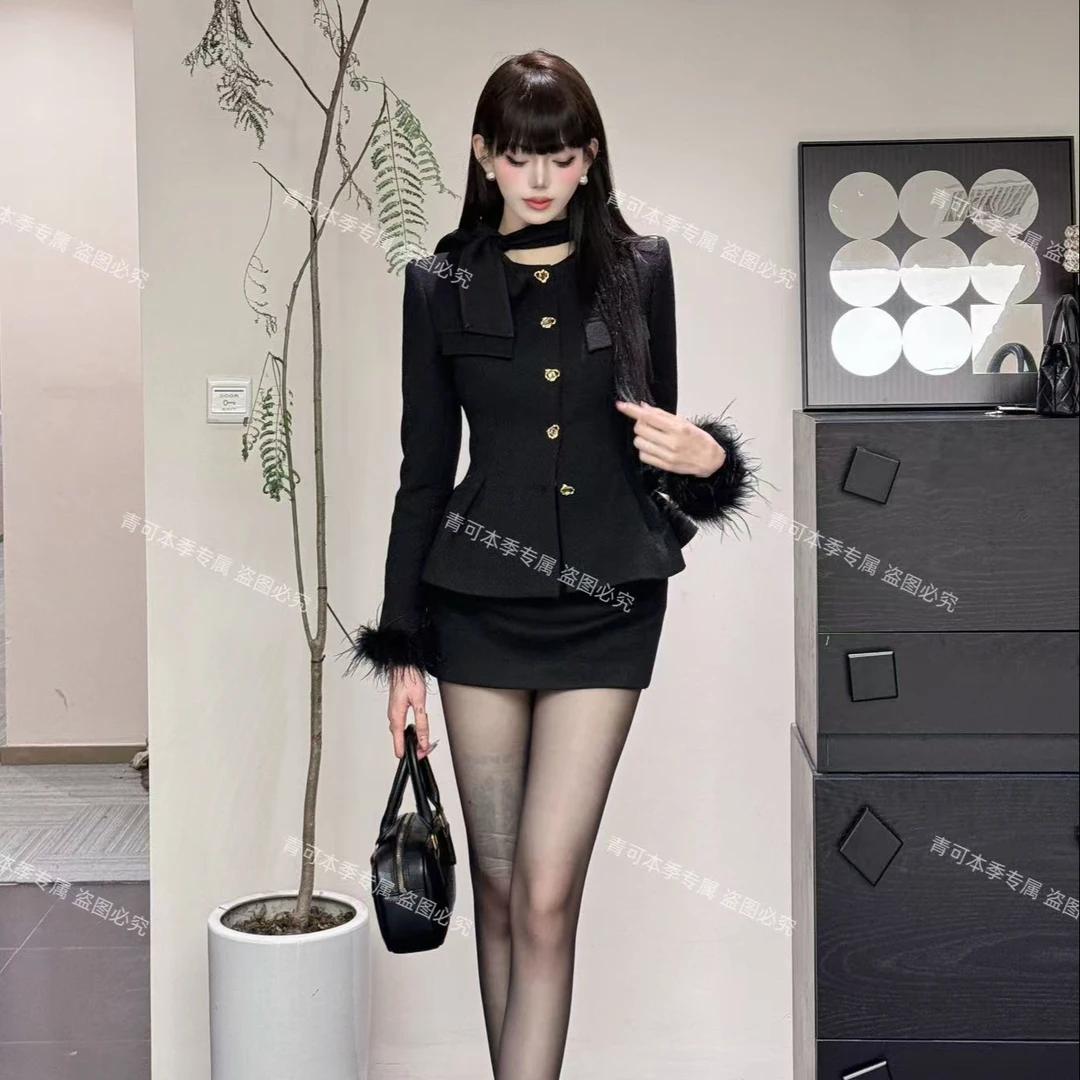 黑色女神西装性感网红时尚套装辣妹气质高腰打底修身241024