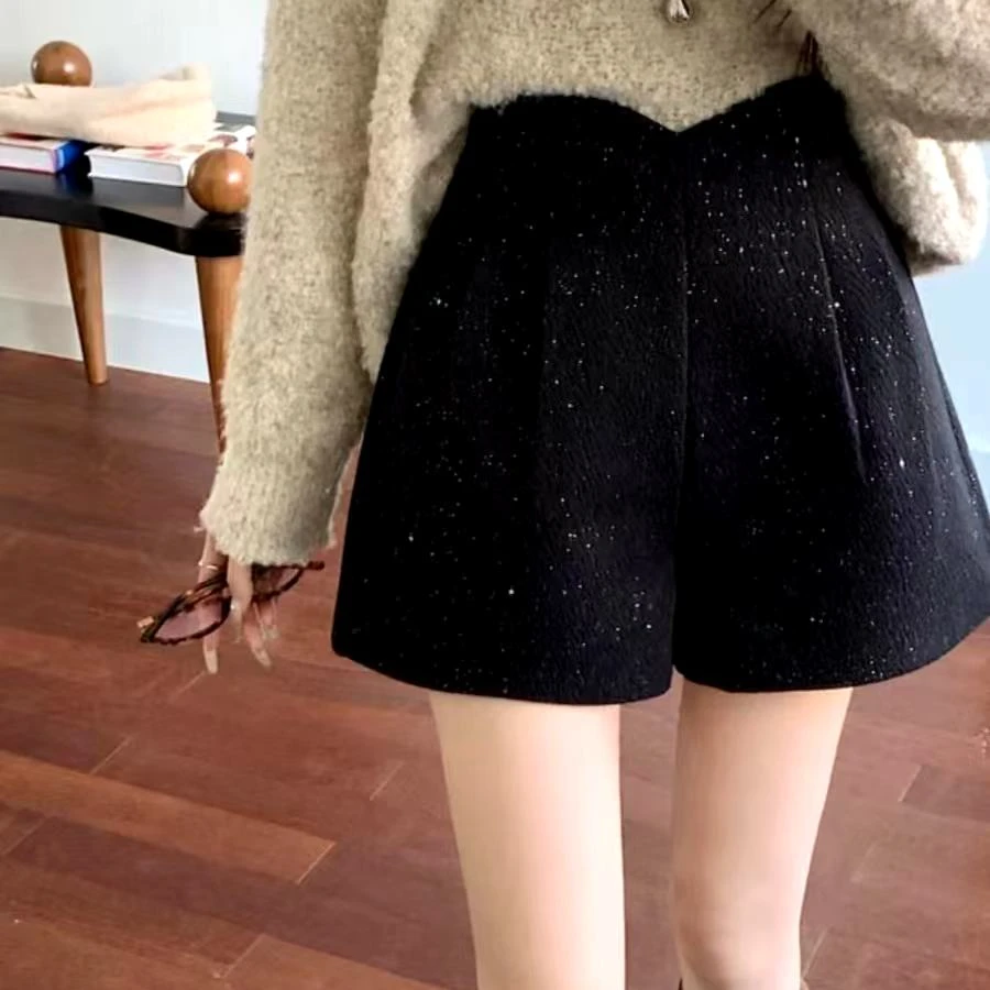 022黑色闪闪亮片毛呢小香风短裤女秋冬高腰a字靴裤辣妹阔腿裤女#