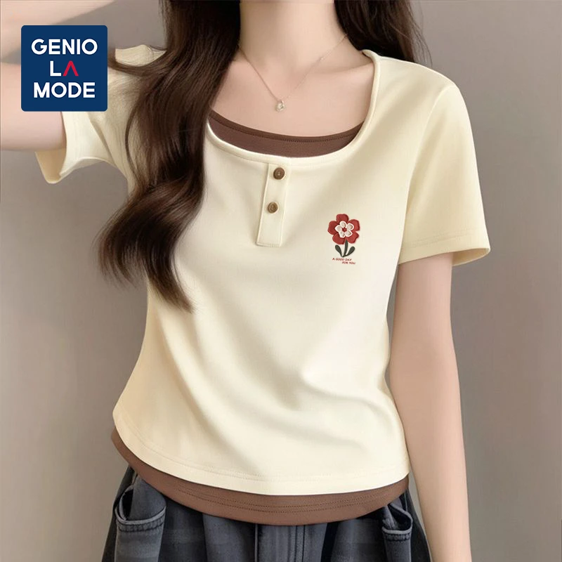 捷尼拉莫假两件短袖t恤女2025新款夏季百搭体恤学生独特绝美上衣