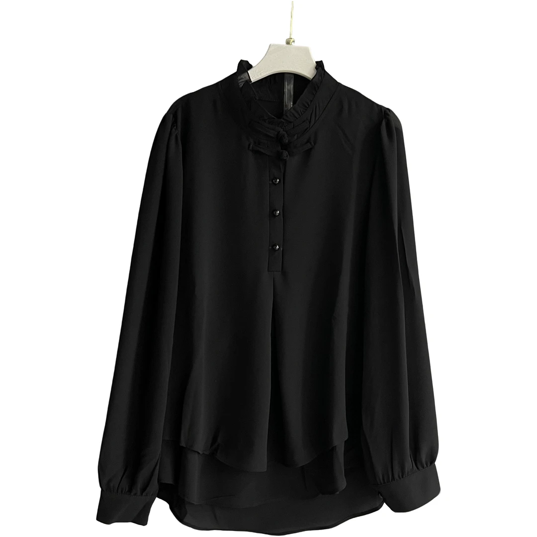 新中式国风女士黑色圆领纽扣长袖舒适衬衫早秋百搭上衣