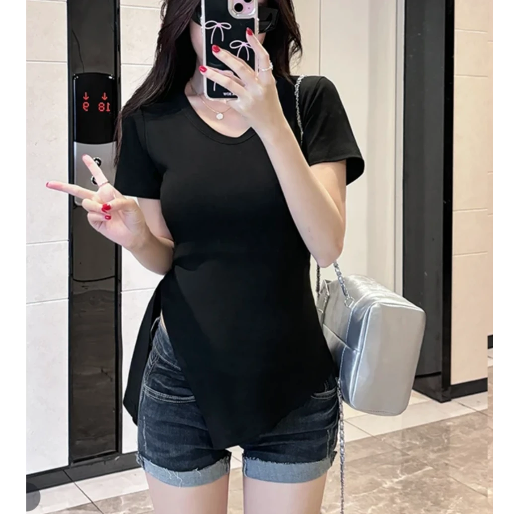 甜辣风别致上衣侧面开叉绑带高级显瘦夏季不规则修身设计感