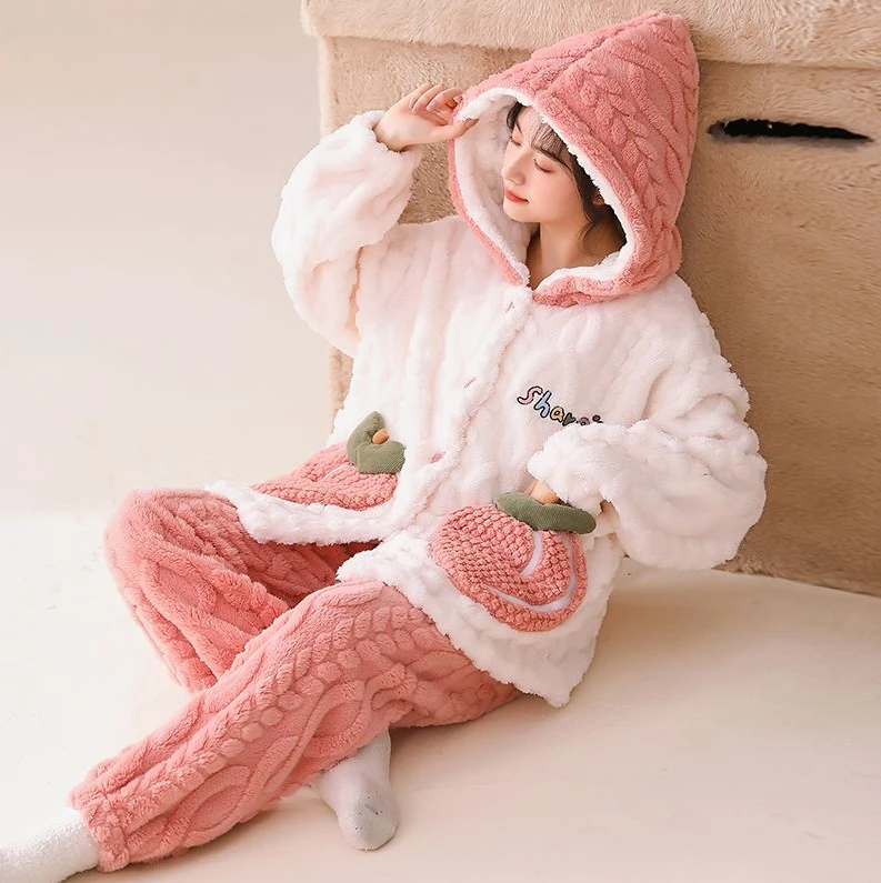 冬天加厚加绒新款睡衣女生宽松舒适可爱时尚简约家居服可外穿套装