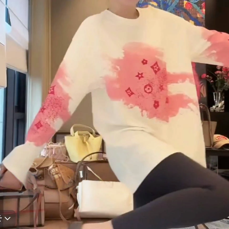 潮流前卫设计感印花圆领长袖T恤女2025春季新款百搭宽松大版上衣