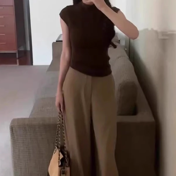 法式半高领咖色正肩冰丝针织短袖T恤女夏季2025新款修身坎肩上衣