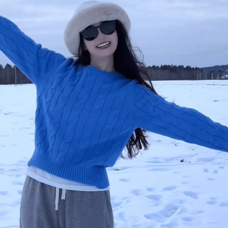 蓝色圆领套头麻花毛衣女款2025新款秋冬季小个子慵懒风针织衫上衣