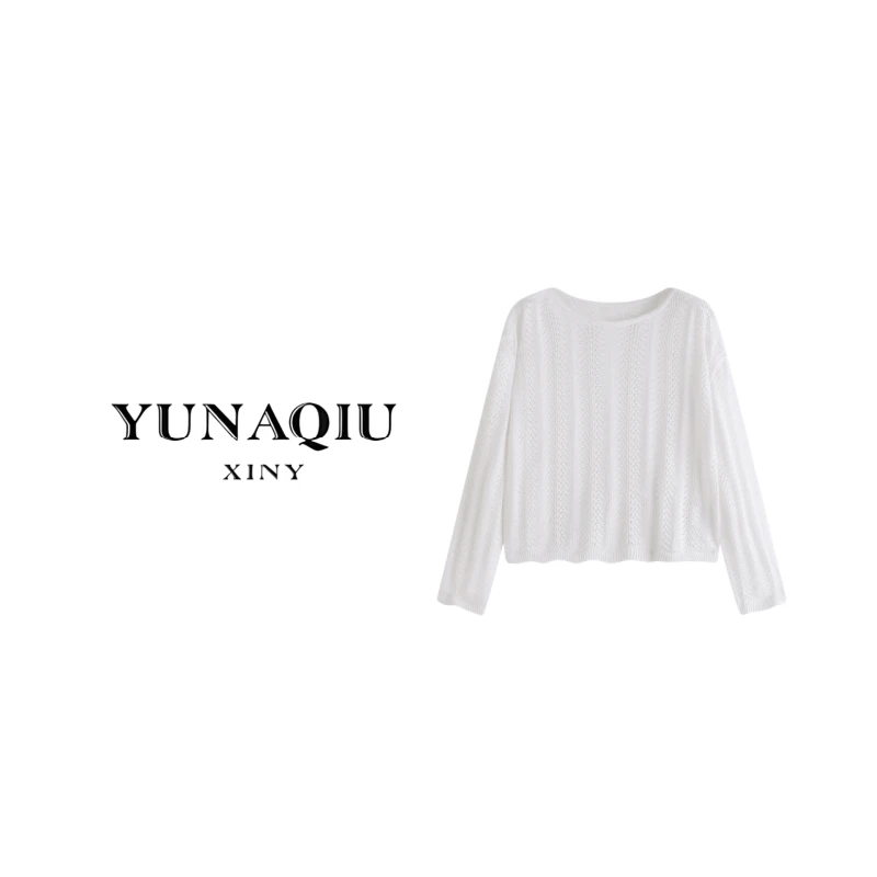 YUNAQIU-纯色圆领女士白色镂空针织衫-9620