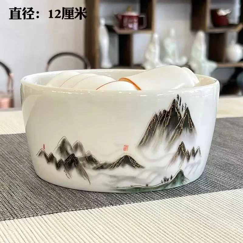 墨画山水白瓷茶洗A083