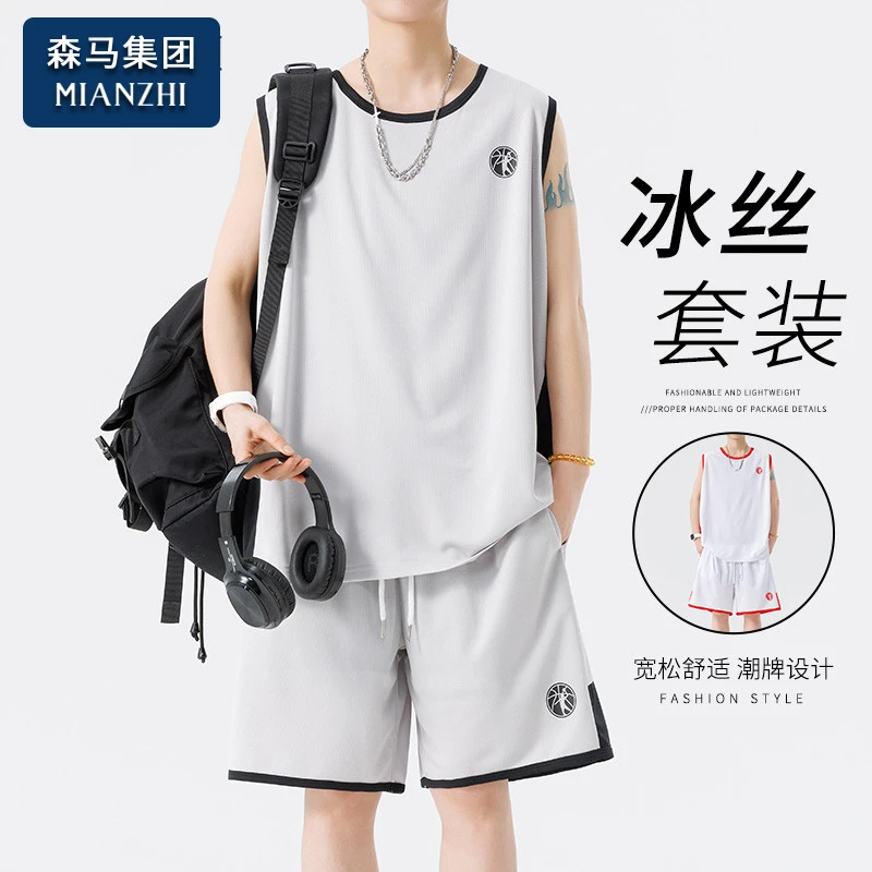 棉致背心套装男士夏季宽松薄款透气潮流帅气休闲运动篮球一套衣服