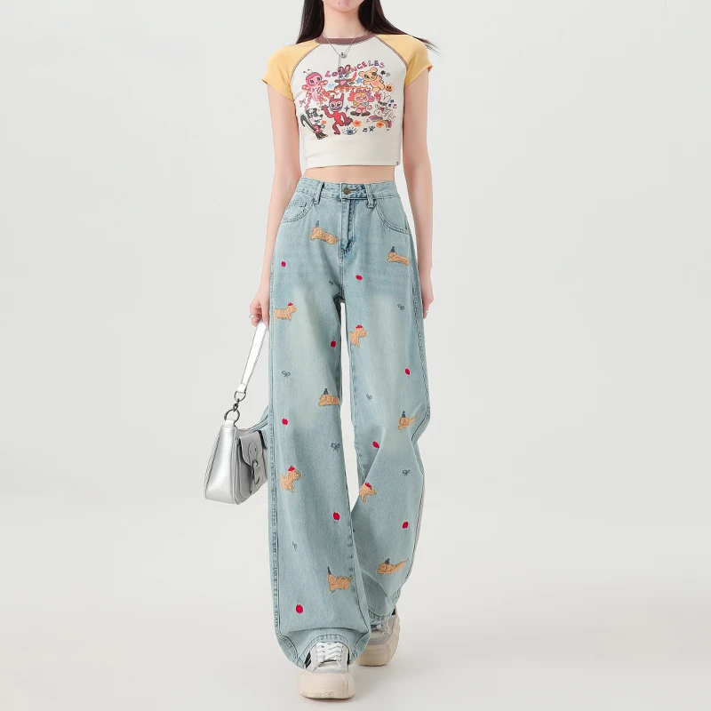 大码女装腊肠狗刺绣设计新款牛仔裤女胖mm高腰显瘦直筒拖地裤子潮
