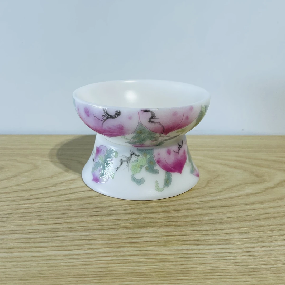 吾游茶器冰种羊脂玉白瓷手绘寿桃过滤套组陶瓷茶漏茶滤