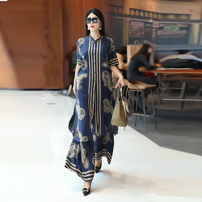 2025春夏轻奢时尚套装国风印花宽松显瘦女装设计师度假风二件套