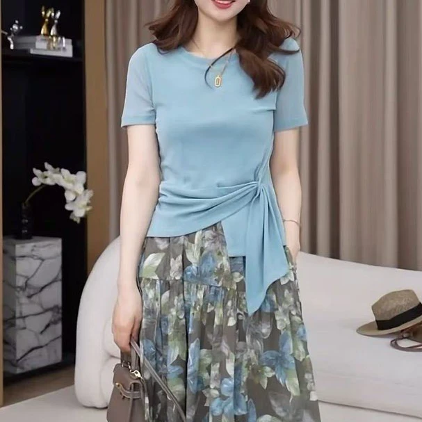 爆款高定不规则圆领系网纱纯色绑带短袖T桖上衣