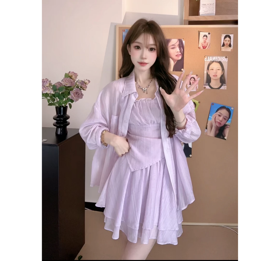 粉紫色休闲宽松衬衫上衣吊带背心半身裙三件套女夏季穿搭一整套装