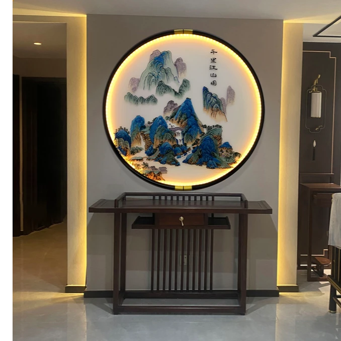 千里江山图苏绣装饰画沙发背景墙 玄关过道餐厅书房实木画led带灯