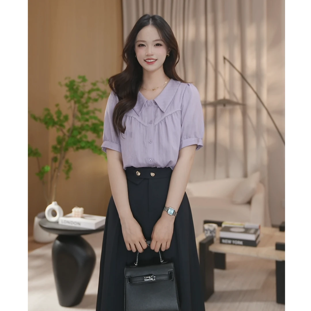 【曼贝】紫色短袖衬衫女高级感新款减龄职场衬衣上衣8492445A【妮妮】