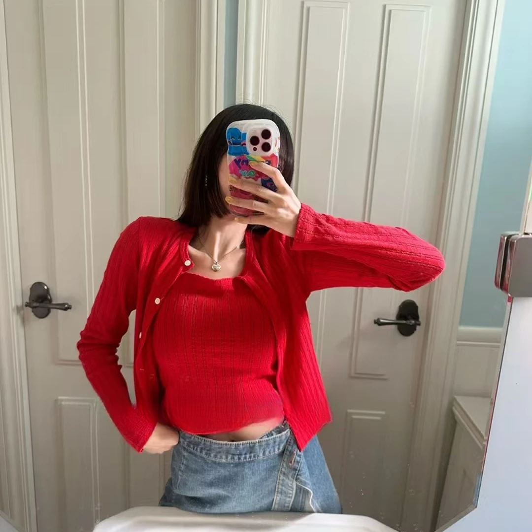 韩国东大门 女生新款 红色针织衫