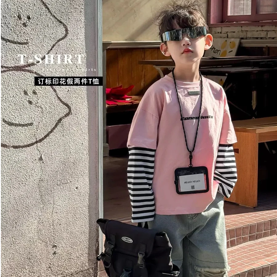 麦哟哟儿童春款假两件卫衣休闲印花韩版拼色撞色拼接条纹打底潮酷