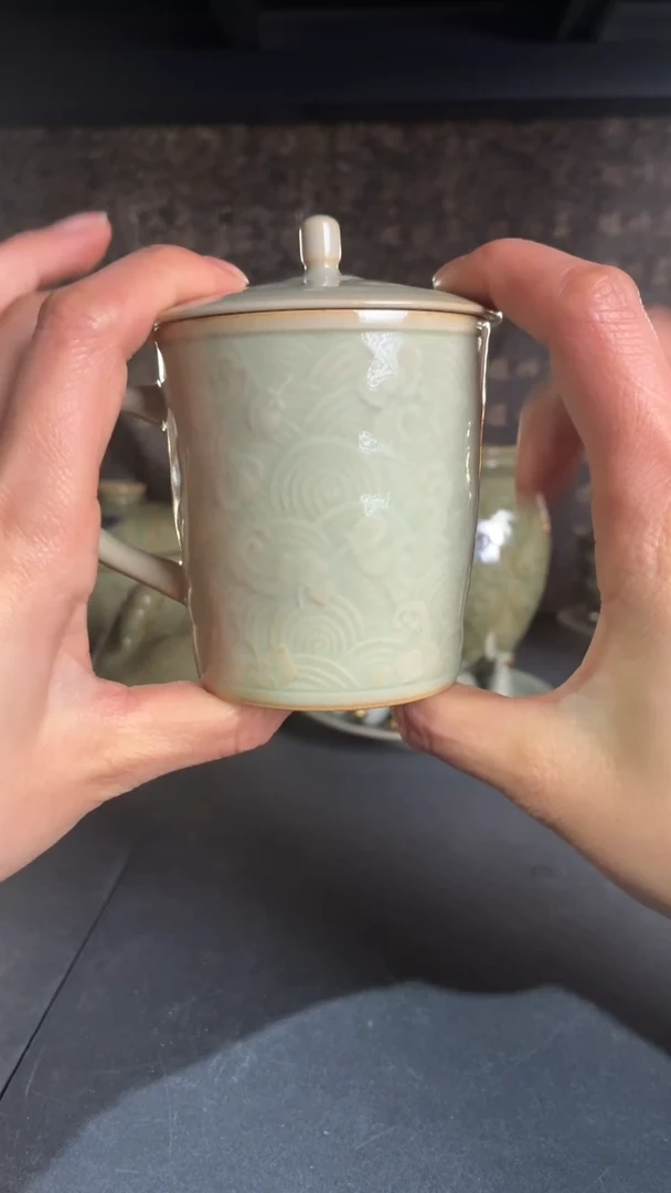 耀州窑仰山天青落花流水咖啡杯微瑕
