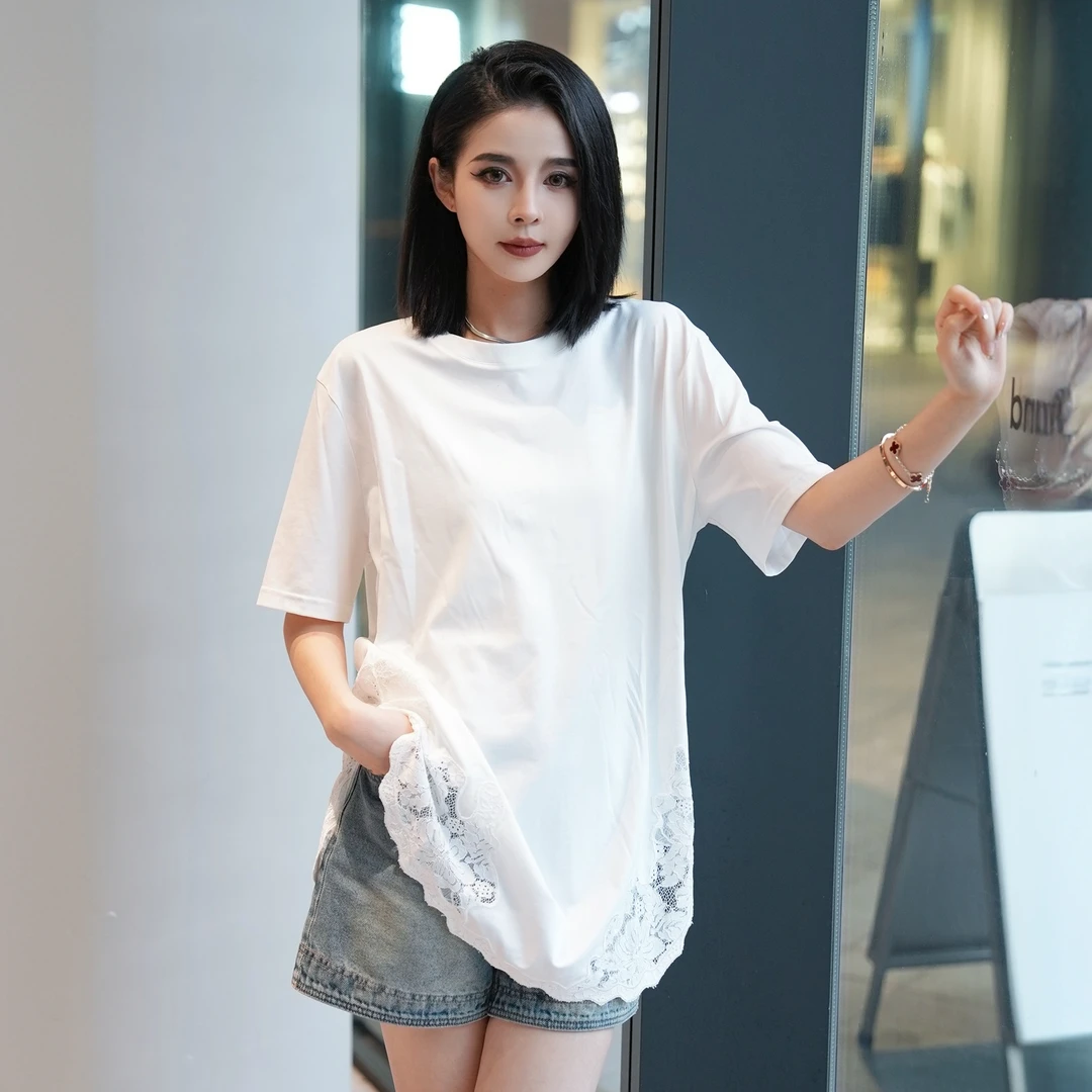 POPULARYW【云山约】Z·R上品屋 设计感气质蕾丝拼接圆领短袖上衣T恤